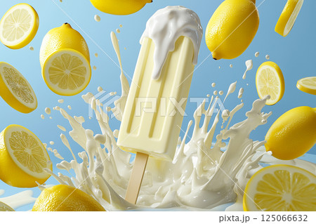Lemon Yogurt Popsicle with Creamy Drips and Fresh Citrus Splash 125066632
