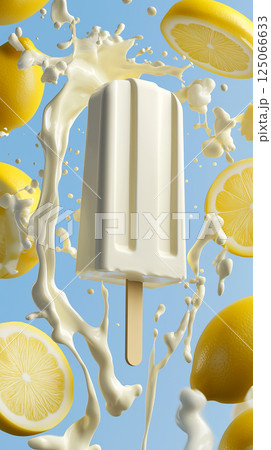 Lemon Yogurt Popsicle with Creamy Drips and Citrus Splashes on Bright Background 125066633