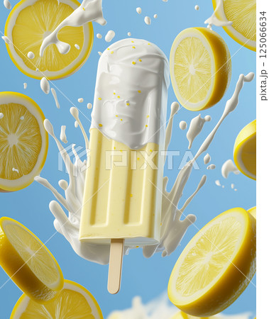 Lemon Yogurt Popsicle with Creamy Drips and Fresh Lemon Slices on Vibrant Background 125066634