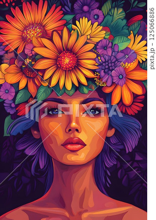 the girl with the colorful flowers on her head 125066886