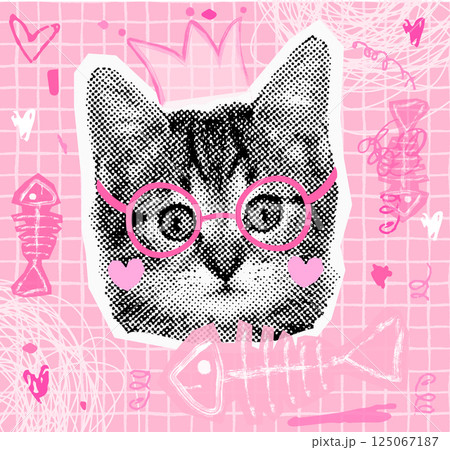 Cute vector girly princess halftone collage with cat face with crown, doodle fish bones half tone fun kitty head on pink plaid paper background 125067187