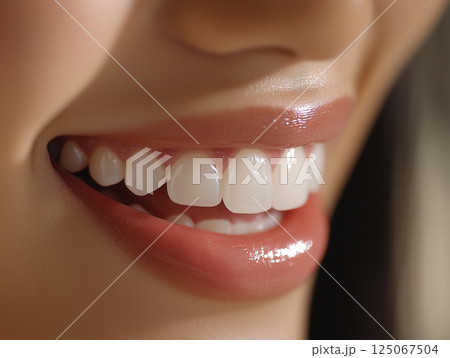 明るい笑顔と整った歯並びが印象的な女性の口元アップ 125067504