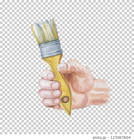 A man's hand holding a brush to renovate the house, on a white background. Watercolor illustration. The repair tool is in the strong hand of the master. Isolated. A man's hand holding a brush to renovate the house, on a white background. Watercolor illustration. The repair tool is in the strong hand of the master. Isolated. 125067604