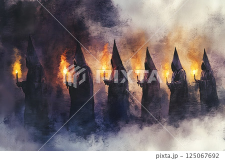 traditional Easter procession in Spain, religious brotherhood, Nazarenos, Semana Santa, Holy Week, Andalusia 125067692