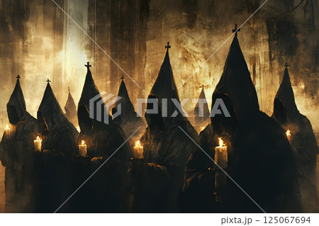 traditional Easter procession in Spain, religious brotherhood, Nazarenos, Semana Santa, Holy Week, Andalusia 125067694