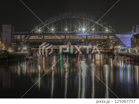 Stunning night view of the Newcastle upon tyne with Tyne bridge, Swing bridge and The High level bridge 125067757
