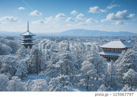 興福寺　中金堂と五重塔に雪景色 125067797