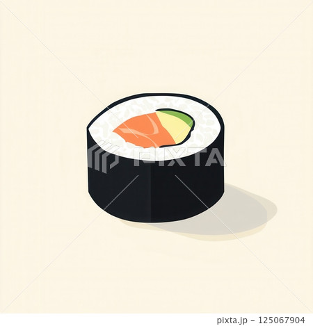 Sushi roll with salmon and avocado depicted in a clean minimal style using pastel tones, ideal for modern branding in Japanese cuisine. Sushi roll with salmon and avocado depicted in a clean minimal style using pastel tones, ideal for modern branding in Japanese cuisine. 125067904