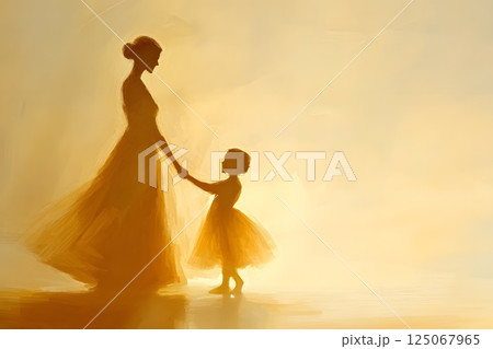 Mom holding baby's hand in warm light, ballet, silhouettes, horizontal banner for text 125067965