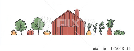 Rustic barn design showcases fresh vegetables arranged in a clean and modern layout, highlighting farm products and sustainable agriculture. 125068136