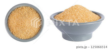 The brown sugar in ceramic bowl isolated on white background. Top view. Flat lay The brown sugar in ceramic bowl isolated on white background. Top view. Flat lay 125068314
