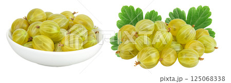Green gooseberry in ceramic bowl isolated on white background with full depth of field Green gooseberry in ceramic bowl isolated on white background with full depth of field 125068338