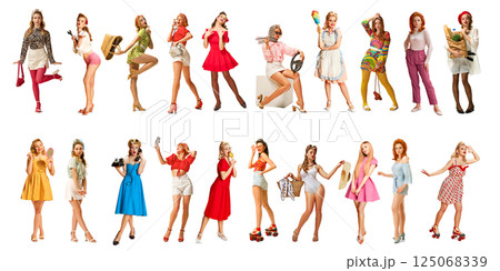 Mixed collage of women in polka dot, pastel, and bold prints posing with props in pin up fashion style. Collage. Mixed collage of women in polka dot, pastel, and bold prints posing with props in pin up fashion style. Collage. 125068339