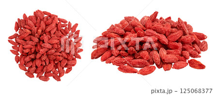 Dried goji berries isolated on white background. Top view. Flat lay. Dried goji berries isolated on white background. Top view. Flat lay. 125068377