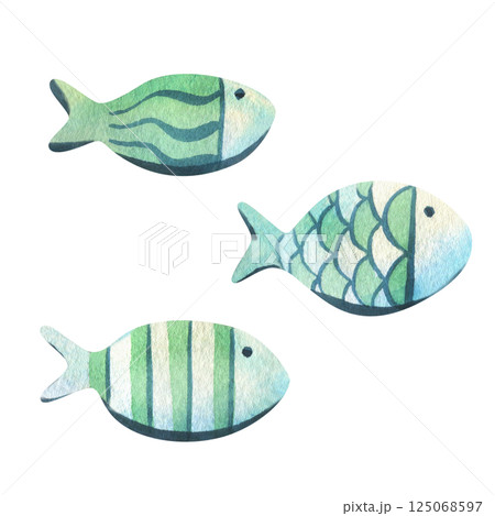 Small round fishes of simple shape with rustic patterns in blue and turquoise colors. Watercolor illustration hand drawn on the theme of sea and fishing. Set of elements isolated from the background 125068597