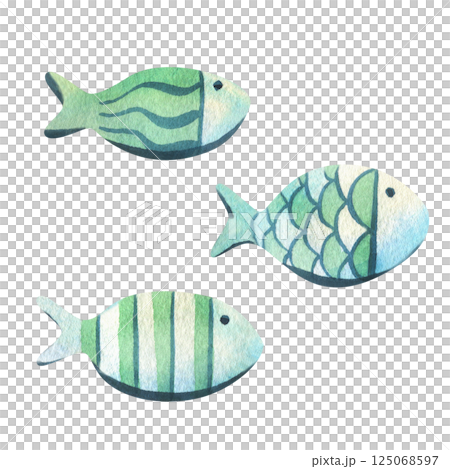 Small round fishes of simple shape with rustic patterns in blue and turquoise colors. Watercolor illustration hand drawn on the theme of sea and fishing. Set of elements isolated from the background 125068597