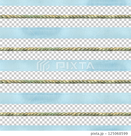 Watercolor blue stripes with a straight rope of brown color. Watercolor illustration hand drawn on the theme of sea and fishing. Seamless pattern on a white background. Watercolor blue stripes with a straight rope of brown color. Watercolor illustration hand drawn on the theme of sea and fishing. Seamless pattern on a white background. 125068599