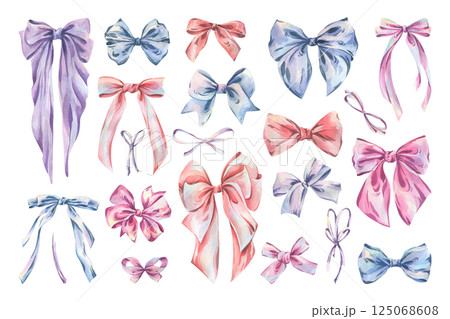 Bows big and small, thin and wide from satin ribbons in pink, blue, lilac, coral shades. Watercolor illustration, hand-drawn on the theme of Bows of coquettes. Set of isolated elements 125068608