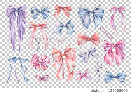 Bows big and small, thin and wide from satin ribbons in pink, blue, lilac, coral shades. Watercolor illustration, hand-drawn on the theme of Bows of coquettes. Set of isolated elements 125068608