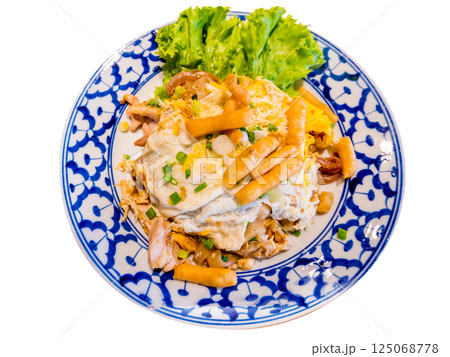 Top view of Stir fried Rice Noodles with Chicken, focus selective Top view of Stir fried Rice Noodles with Chicken, focus selective 125068778
