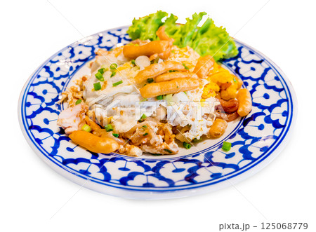 Top view of Stir fried Rice Noodles with Chicken, focus selective 125068779
