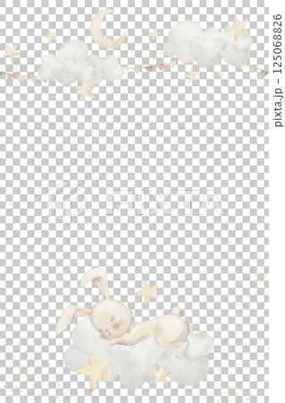 Watercolor Bunny sleeping on a cloud among stars and moon. Illustration of Template with Rabbit in pastel colors for Baby shower greeting cards or childish invitations. Art for nursery posters. 125068826