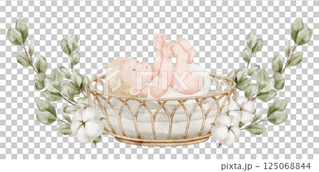 Watercolor illustration of a Baby lying in a wicker Basket with cotton flowers and eucalyptus branches. Drawing of cute Infant in cradle for baby shower greeting cards or newborn party invitations. 125068844