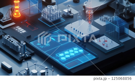 An isometric 3D science lab interface with molecules, icons and dashboards - ideal for educational apps and digital learning visuals. 125068856