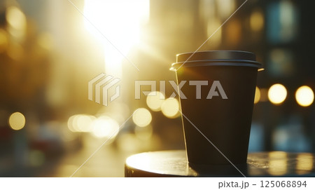 A takeaway coffee cup with minimalist branding held against a blurry urban background with bokeh lights, golden hour sunlight, lifestyle concept, street fashion vibe 125068894