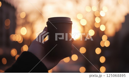 A takeaway coffee cup with minimalist branding held against a blurry urban background with bokeh lights, golden hour sunlight, lifestyle concept, street fashion vibe 125068895