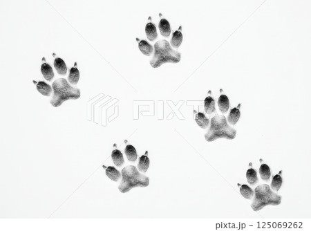 Five paw prints on a white surface showing four toes and a pad each 125069262
