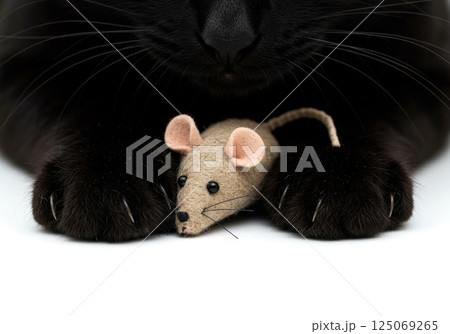 Black cat playfully resting with a soft toy mouse in a cozy indoor setting 125069265