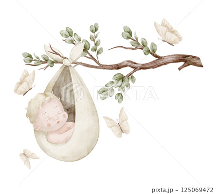 Watercolor illustration of a sleeping Baby swaddled in a fabric pouch hanging from a branch, surrounded by soft butterflies and greenery. Drawing of Infant in swaddle for baby shower cards. 125069472