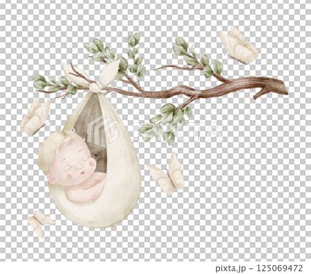 Watercolor illustration of a sleeping Baby swaddled in a fabric pouch hanging from a branch, surrounded by soft butterflies and greenery. Drawing of Infant in swaddle for baby shower cards. 125069472
