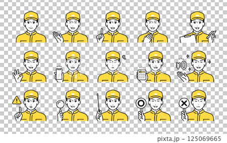 Various business facial expression icon set of middle-aged male workers wearing hats 125069665