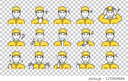 戴著帽子的中年男性工人的各種面部表情圖示集 125069666