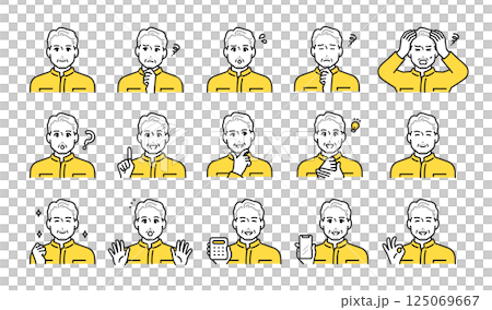 穿著工作服的高級男工人的各種面部表情圖示集 穿著工作服的高級男工人的各種面部表情圖示集 125069667