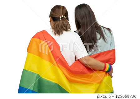 Asian couple woman with LGBT rainbow flag. Asian couple woman with LGBT rainbow flag. 125069736