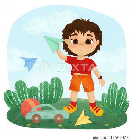 A small boy stands in a clearing against a background of blue sky and clouds, next to paper airplanes, a toy car and a ball, a cartoon character A small boy stands in a clearing against a background of blue sky and clouds, next to paper airplanes, a toy car and a ball, a cartoon character 125069773