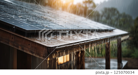 Close up of suburban house roof with solar panels during rainfall, evoking sustainability Close up of suburban house roof with solar panels during rainfall, evoking sustainability 125070034