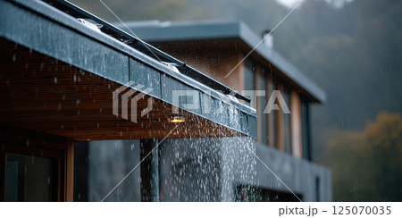 Modern house with rainwater cascading from roof, creating serene and moody atmosphere Modern house with rainwater cascading from roof, creating serene and moody atmosphere 125070035