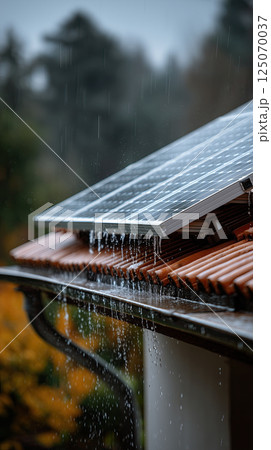 Solar panels on roof during rainfall, showcasing sustainability and renewable energy Solar panels on roof during rainfall, showcasing sustainability and renewable energy 125070037
