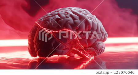 human brain with glowing red cracks and dramatic red background, symbolizing stress or danger 125070046
