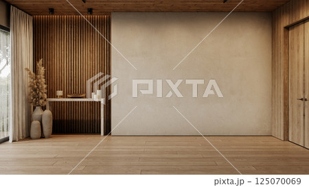 Contemporary loft empty interior with blank wall, wall panels, pampas grass and marble console. 3d render illustration mockup. Contemporary loft empty interior with blank wall, wall panels, pampas grass and marble console. 3d render illustration mockup. 125070069