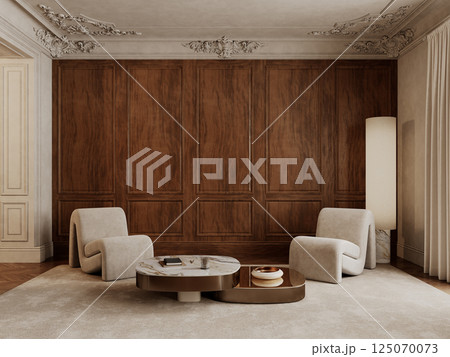 Classic interior with wood panels, armchairs, coffee tables, carpet, floor lamp and decor. 3d render illustration mockup. Classic interior with wood panels, armchairs, coffee tables, carpet, floor lamp and decor. 3d render illustration mockup. 125070073