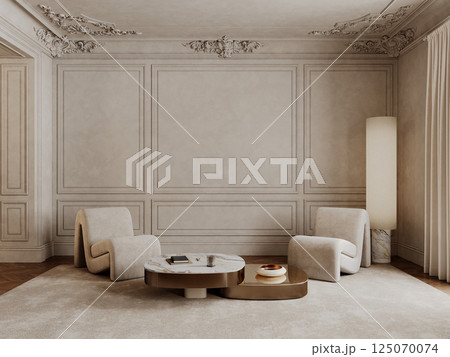 Classic beige interior with armchairs, coffee tables, carpet, floor lamp and decor. 3d render illustration mockup. 125070074