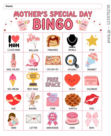Mother's Day bingo game for kids with colorful printable cards, calling cards, and cute designed for preschool and classroom homeschool activity educational learning fun during springtime Mother's Day bingo game for kids with colorful printable cards, calling cards, and cute designed for preschool and classroom homeschool activity educational learning fun during springtime 125070230