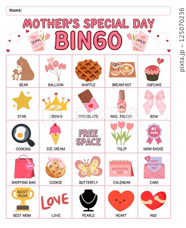 Mother's Day bingo game for kids with colorful printable cards, calling cards, and cute designed for preschool and classroom homeschool activity educational learning fun during springtime Mother's Day bingo game for kids with colorful printable cards, calling cards, and cute designed for preschool and classroom homeschool activity educational learning fun during springtime 125070236