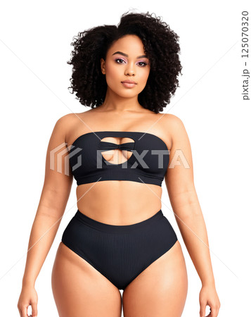 African-American woman with voluminous natural curls, dark brown eyes, and deep black hair, wearing a sleek and modern high-waisted bikini 125070320