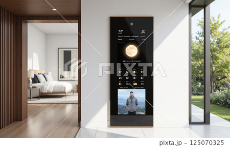 An AI-powered interactive mirror in the hallway or entryway that displays weather updates, daily schedules, and reminders. The system can suggest outfit choices 125070325